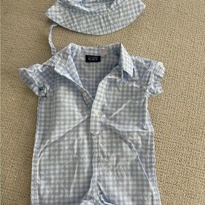 The Children's Place Light Blue Checkered Shirt and Hat Set